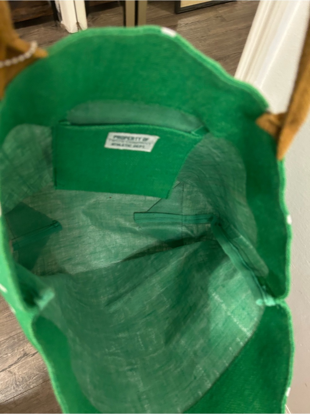 Source Unknown Green and White Football Field Tote with Brown Handles - Picture 5 of 7